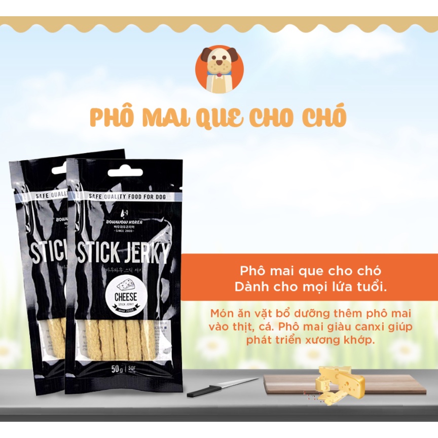 Phô mai cho chó que Bow wow stick jerky 50g, cheese que snack ăn vặt huấn luyện cún Con Mèo Xiêm