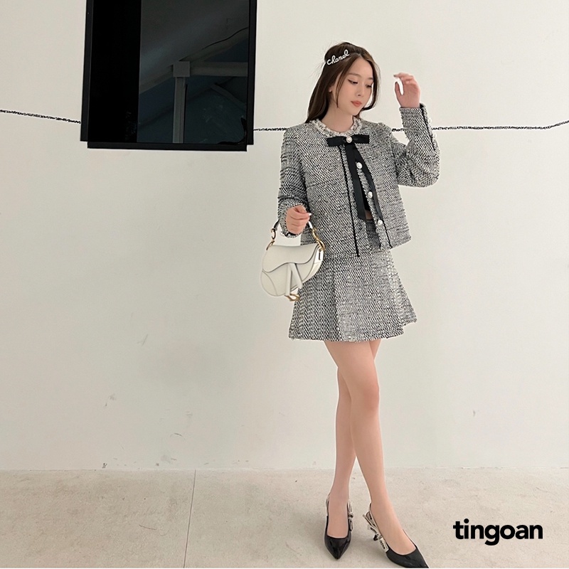 TINGOAN® - Áo khoác tweed xám viền tua rua cổ FORGET ME NOT JACKET/GR