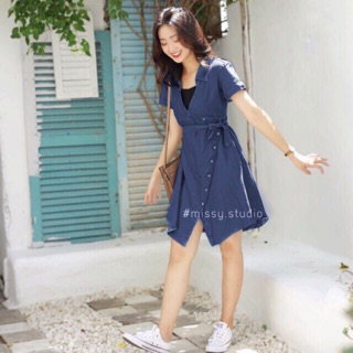Đầm sơ mi đắp chéo tà cực tây - ảnh thật