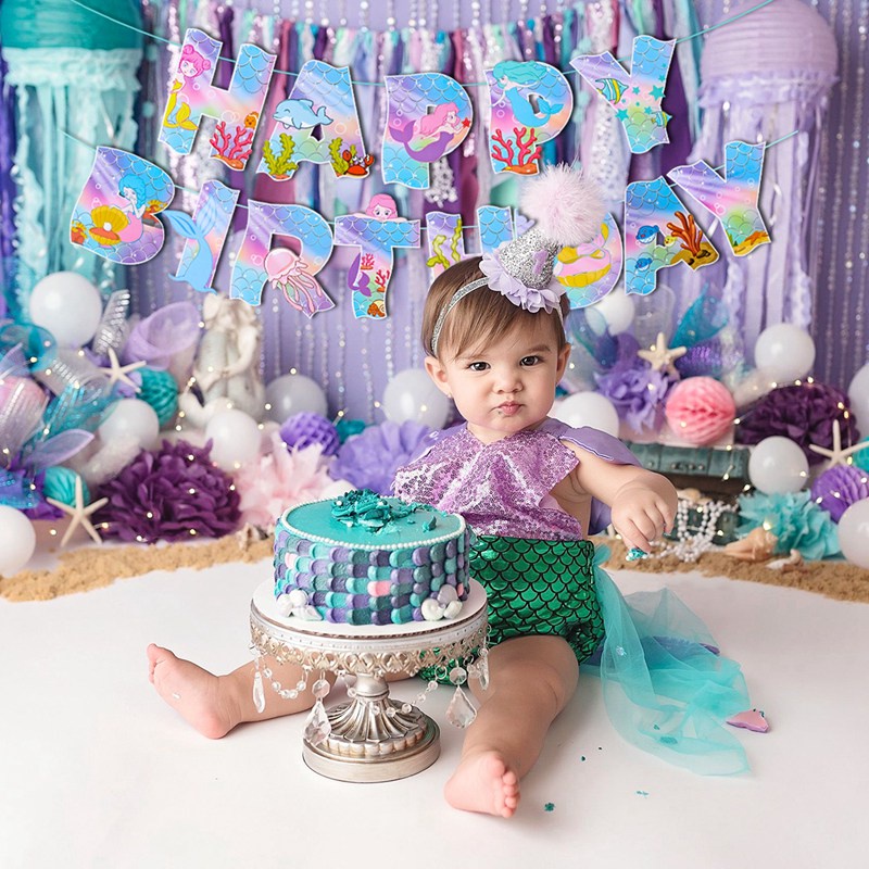 Bộ Dây Banner Trang Trí Sinh Nhật 1 Tuổi Hình Vỏ Sò/Bạch Tiên Cá Dành Cho Bé