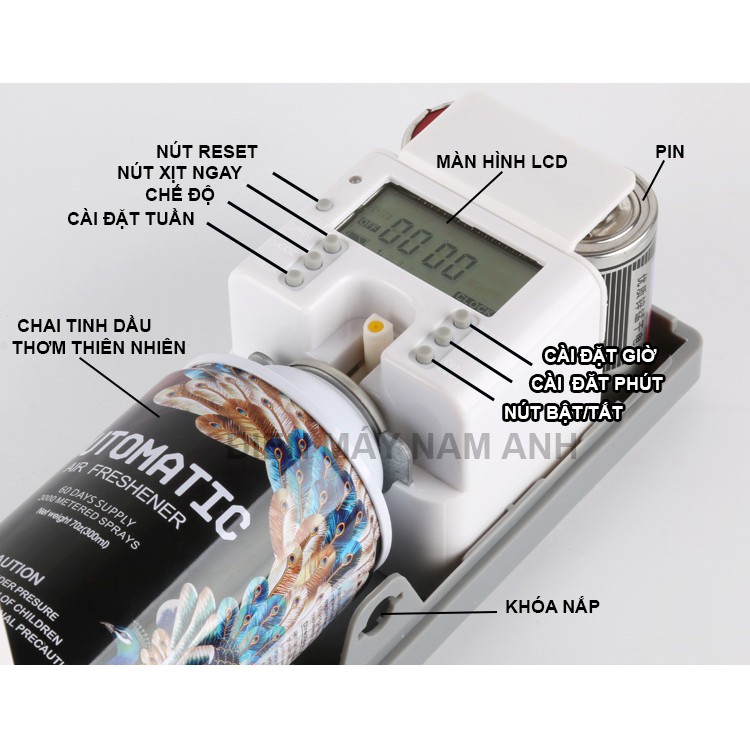 Máy xịt nước hoa tự động, phiên bản cao cấp dùng điện và pin, màn hình LCD, kèm chai tinh dầu thơm thiên nhiên