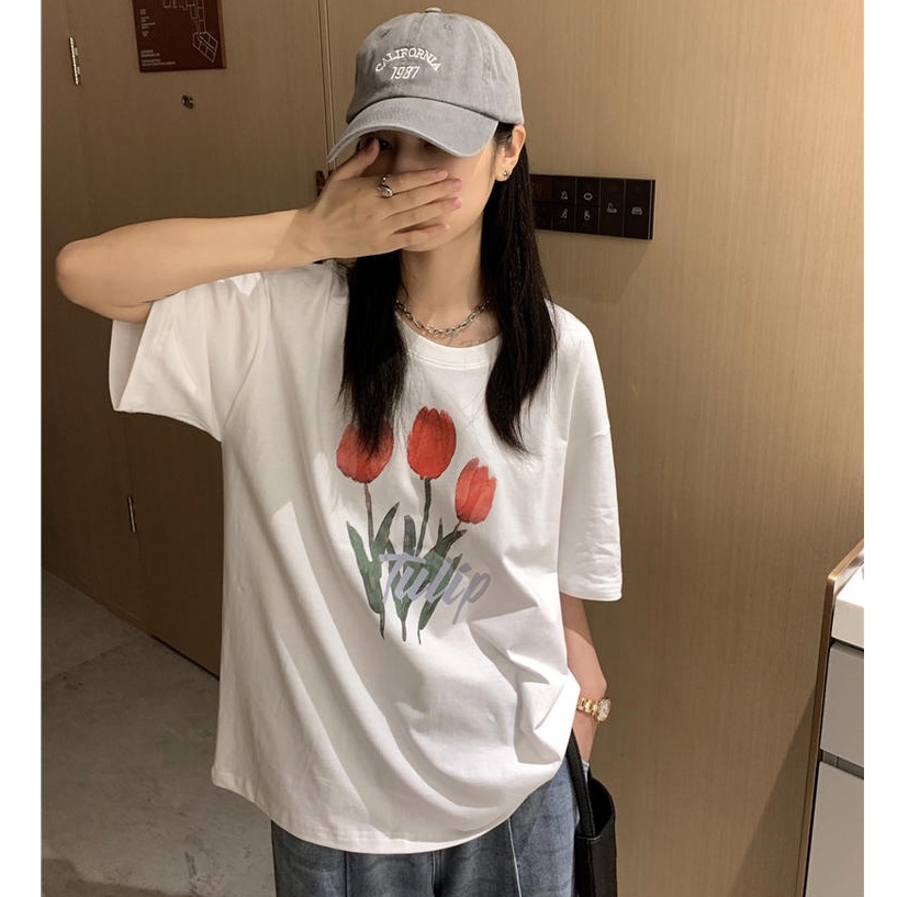 Áo thun Peppermint 50157 cổ tròn in hình hoa tulip thời trang cho nữ