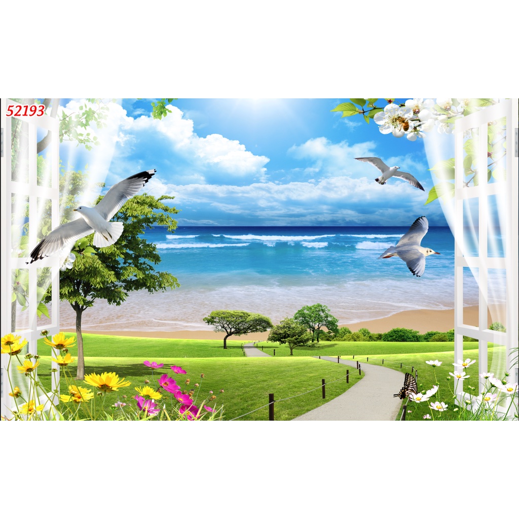 Tranh dán tường 3d cửa sổ thoáng mát tạo cảm giác thoải mái, tự nhiên