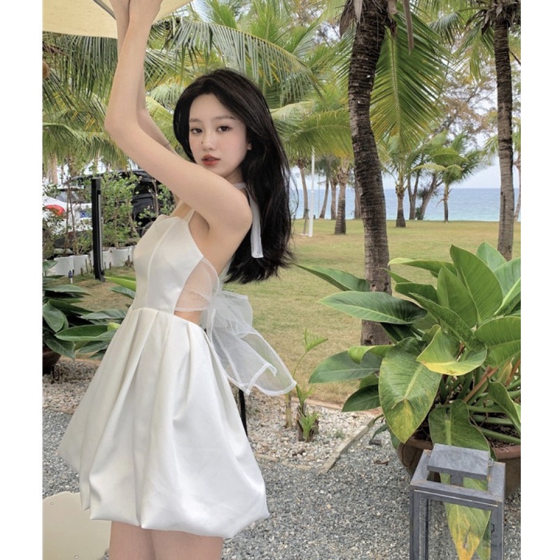 Đầm Mini Hai Dây Đính Nơ Thời Trang Mùa Hè Dành Cho Nữ