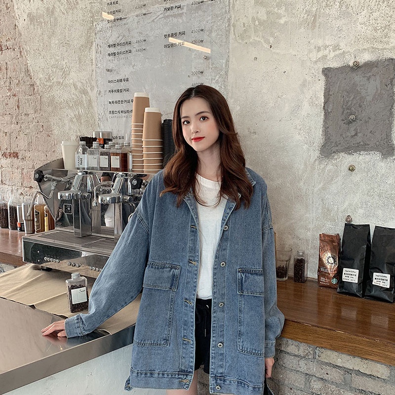 Áo Khoác Denim Tay Dài Dáng Rộng Phong Cách Hàn Quốc
