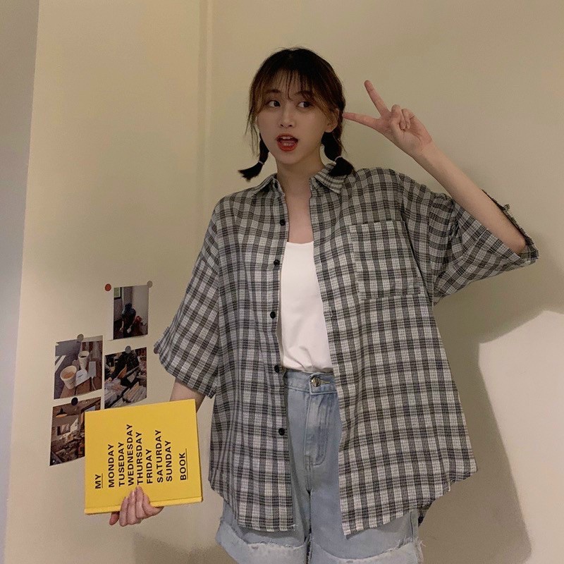 [Mã FAMARAL1 giảm 10K đơn 50K] Áo sơmi tay lỡ kẻ sọc retro form to rộng ulzzang