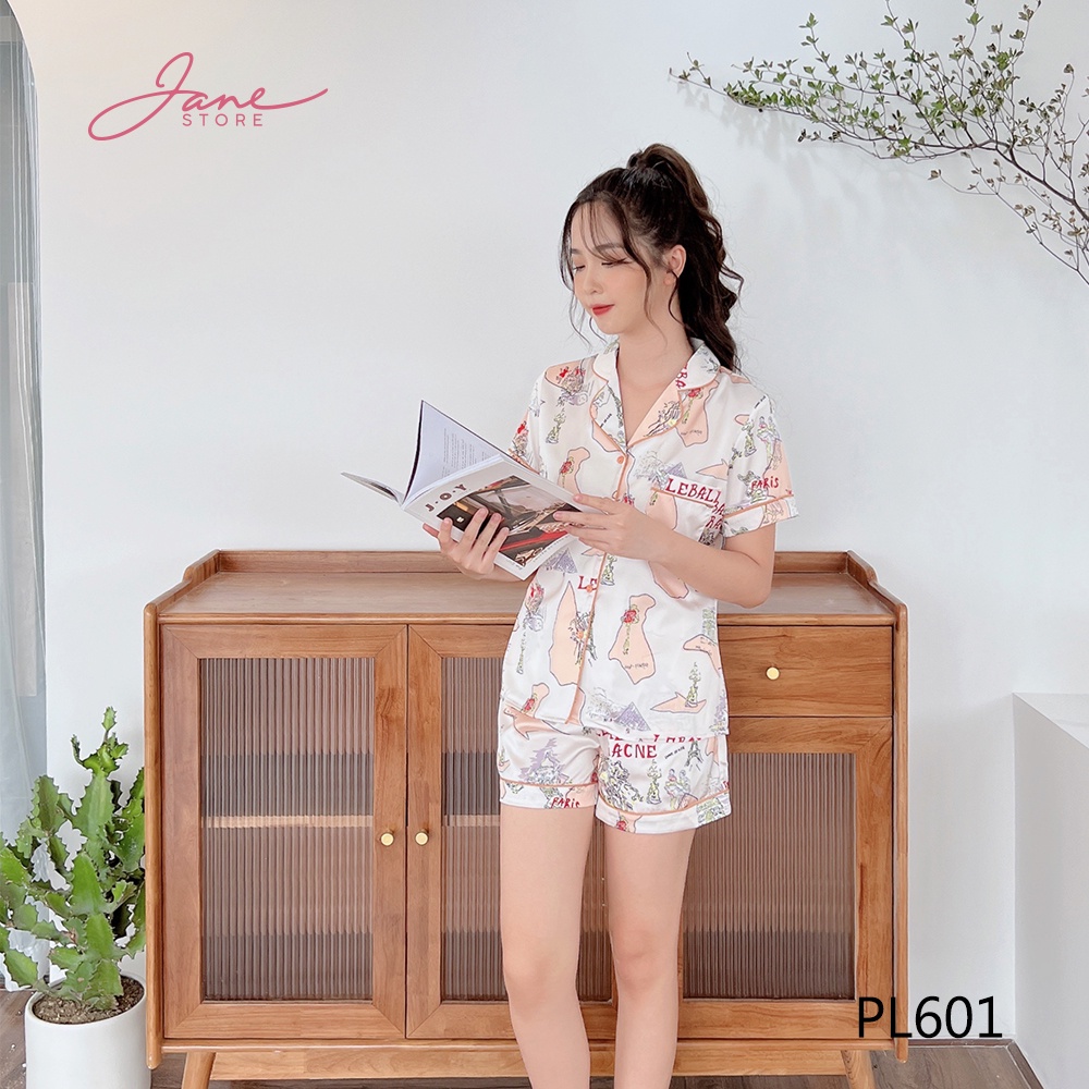 Đồ bộ Pijama lụa Pháp cao cấp Đồ ngủ pijama áo cộc quần cộc họa tiết sang chảnh Jane mã PL60