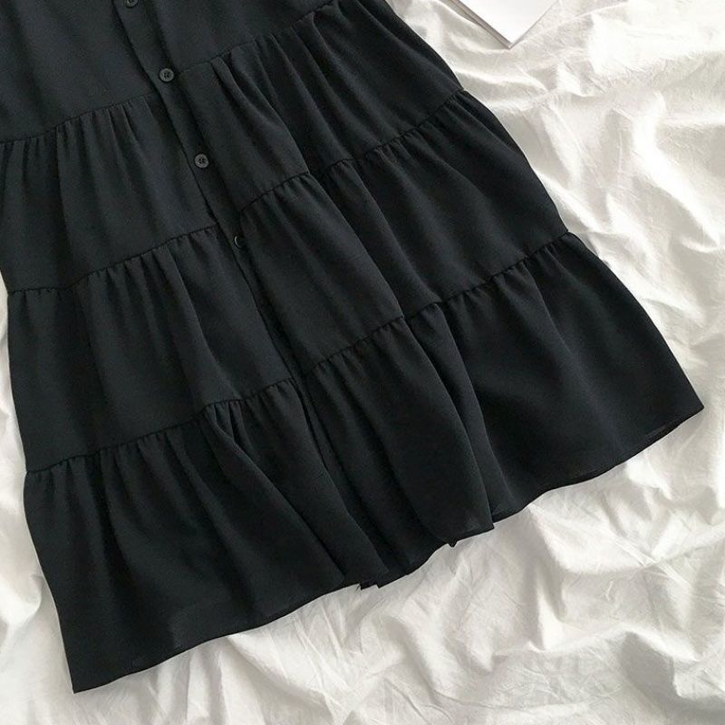 Váy Cho Bé Gái | Set Áo Sơ Mi Tay Ngắn Phồng Cổ Tròn + Chân Váy Ngắn Thời Trang Cho Bé Gái 10-12 - 14-18 Tuổi ，Váy 2 Dây，chân váy đen