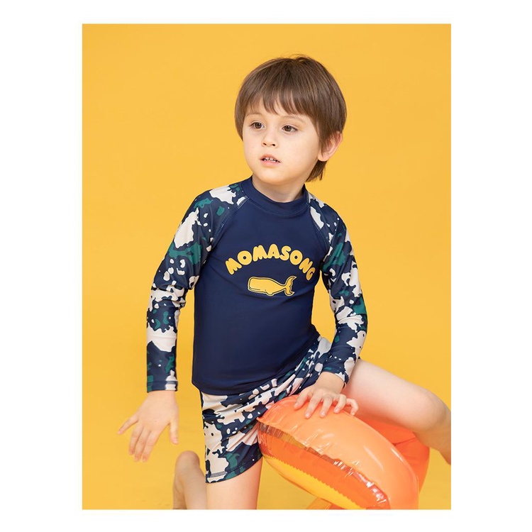 Đồ bơi bé trai tay dài MomaSong chống nắng chống UV in hình cá voi vàng 908211