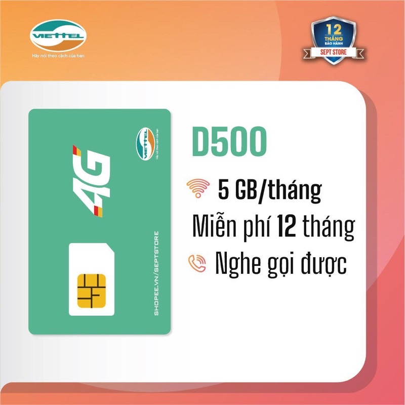 Sim 4G Viettel D500 D900 4-7Gb/tháng - Miễn phí 12 tháng không nạp tiền