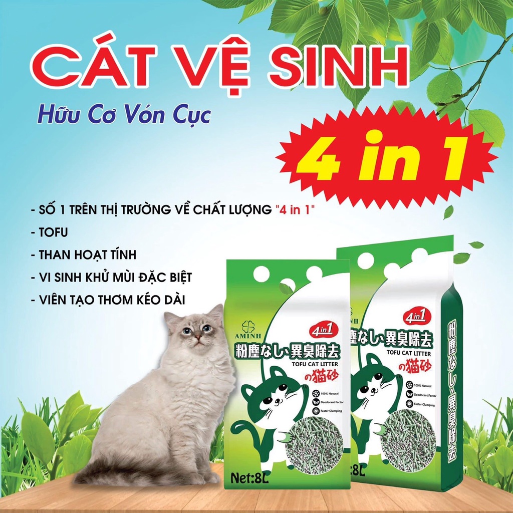 Cát Vệ Sinh ToFu Hữu Cơ Vón Cục 4in1 Thấm Hút 8l Nhập Khẩu Nhật Bản