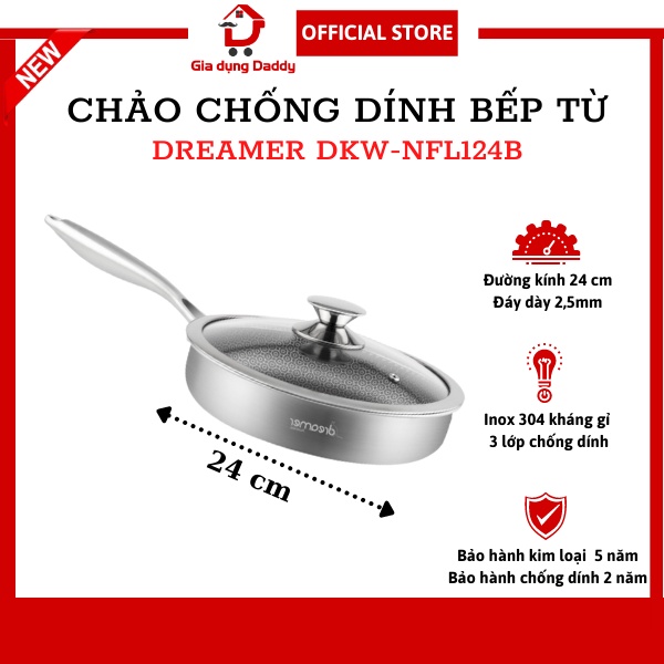 Chảo chống dính bếp từ vân tổ ong kép có nắp Dreamer DKW-NFL124B, Đường kính 24cm Inox 304 Đáy liền 3 lớp Bảo hành 5 năm