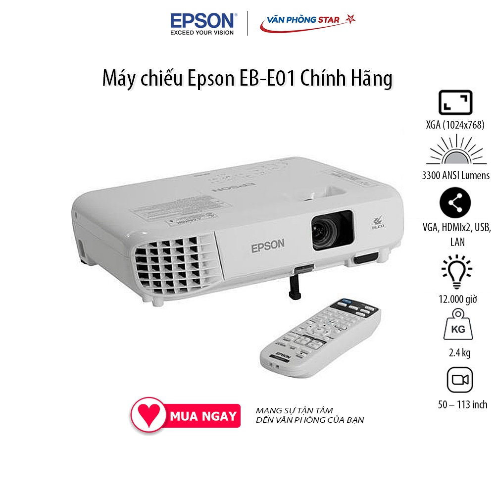 Máy chiếu Epson EB-E01 Độ phân giải XGA (1024×768) Cường độ sáng 3300 Lumens, Tuổi thọ bóng 12.000 giờ Vanphongstar