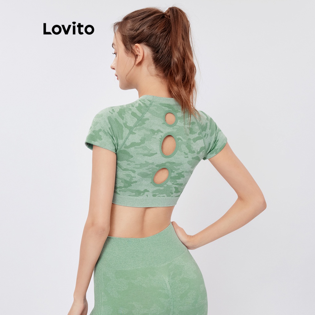 Áo thun Lovito họa tiết rằn ri thiết kế khoét lỗ liền mạch phong cách thể thao L26AD029 (màu xanh lá)