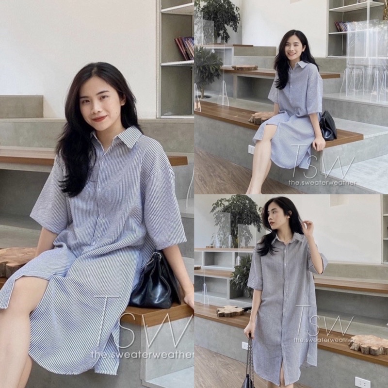 Váy sơ mi tay lửng dài ngang gối cổ sơ mi form rộng vừa mang hằng ngày đi học đi làm phong cách Hàn quốc