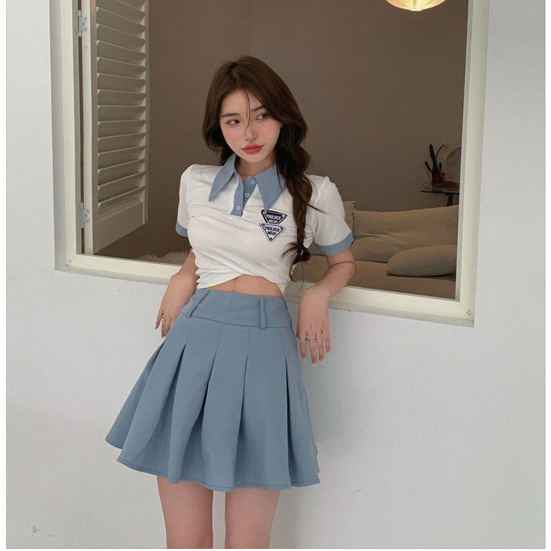 Ready Stock College style age-reducing POLO collar letter label short-sleeved T-shirt + high-waist pleated skirt suit female summer two-piece suit