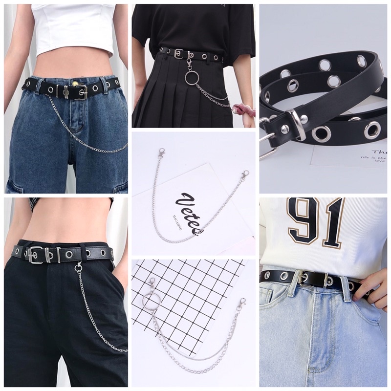 Combo Thắt lưng nữ xỏ lỗ, phụ khiện phối dây xích ngang hông hiphop cá tính dây nịt nổi bật áo vest chân váy đai quần