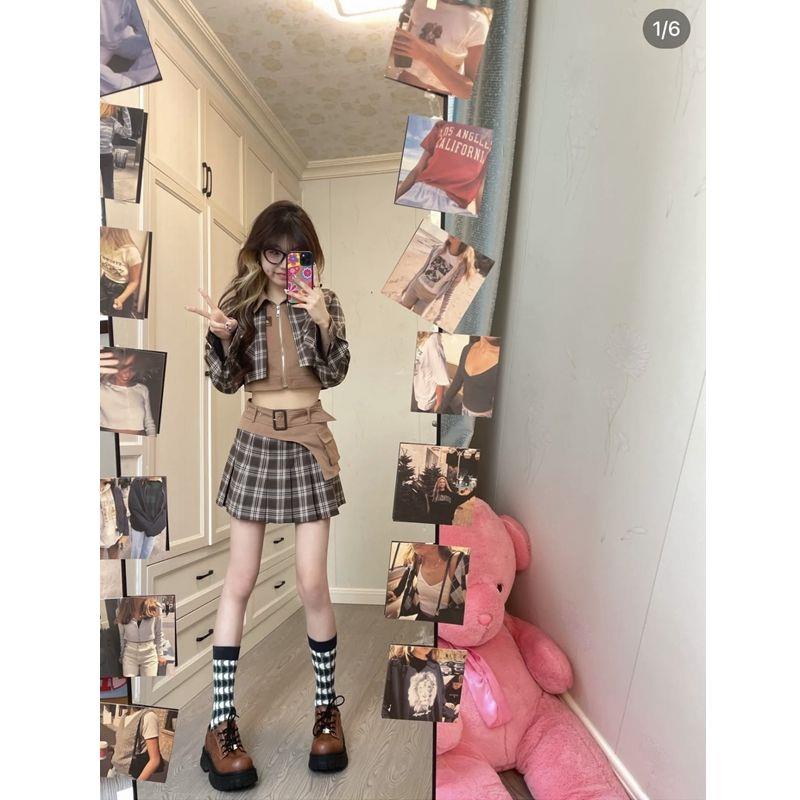 Bộ Đồ Ba Món Áo Khoác Ngắn Kẻ Sọc + Áo Vest Cổ POLO + Chân Váy Xếp Ly Lưng Cao Thời Trang Xuân Hè 2022 Phong Cách Mới Dành Cho Bạn Nữ