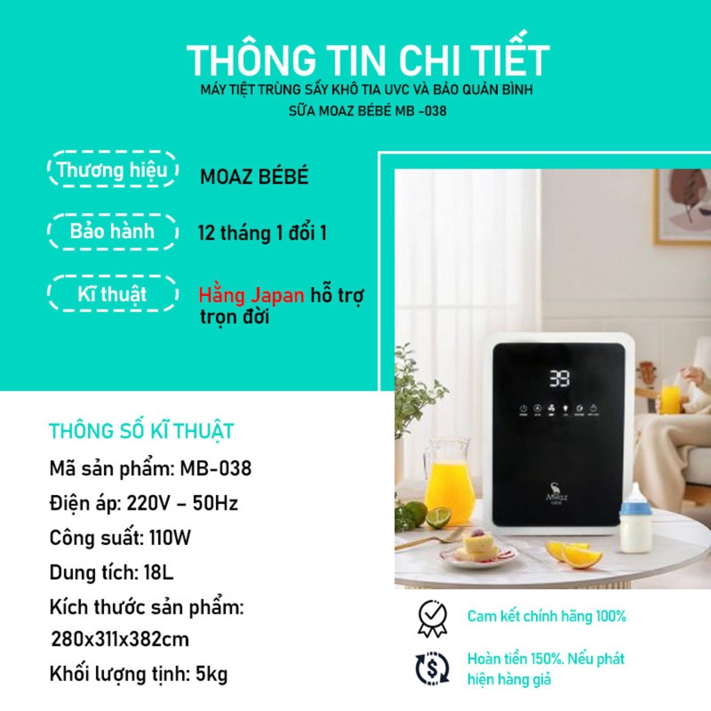 Máy tiệt trùng sấy khô tia UVC và bảo quản bình sữa Moaz BéBé MB-038 - Bảo hành chính hãng