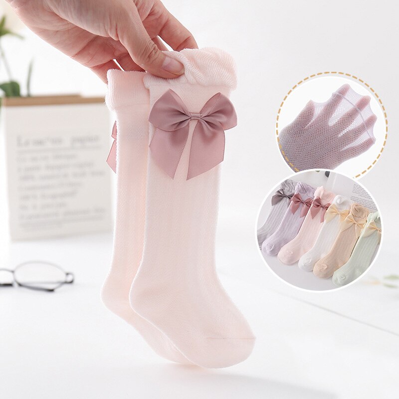 Dễ Thương Vớ Cotton Dài Đến Đầu Gối Đính Nơ Thoáng Khí Cho Bé Gái Sơ Sinh