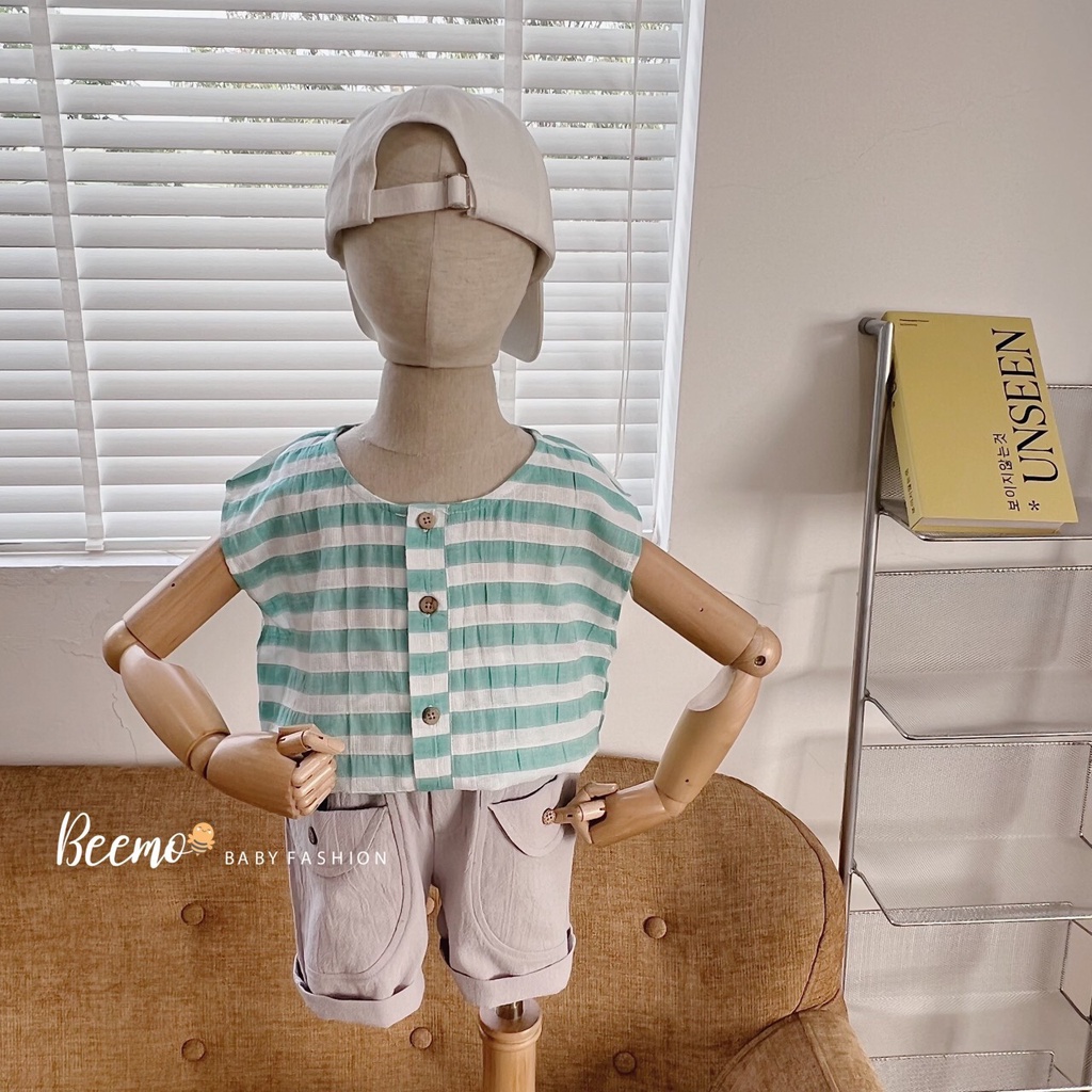 Bộ set quần áo Beemo vải đũi Hàn sát nách kẻ ngang mặc hè 3 màu cho bé trai,bé gái từ 1 đến 6 tuổi 22107B