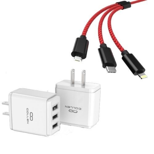 Combo cốc sạc 3 chân cắm USB sạc nhanh 3.4A  + dây sạc 2 mét 3 đầu iphone, androi, typeC bọc dù cao cấp COLLEN