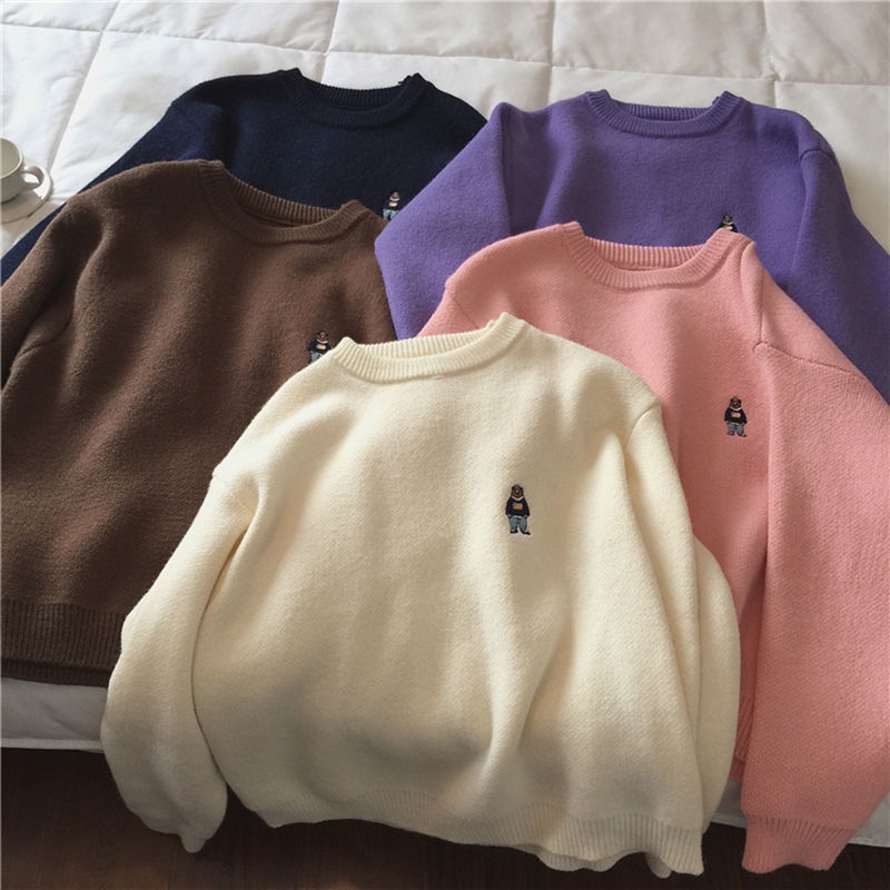 Áo Sweater Dệt Kim Cổ Tròn In Hình Gấu Hồng Thời Trang Mùa Xuân Mới Cho Nữ