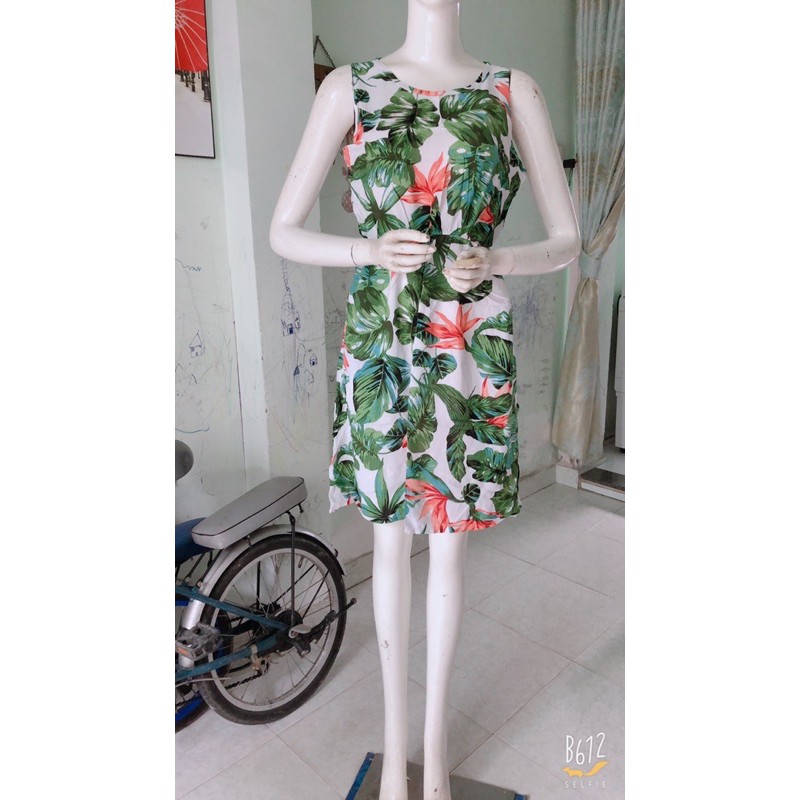 [40-55ky]Đầm maxi lanh xát nách cổ tròn dây thun eo thon