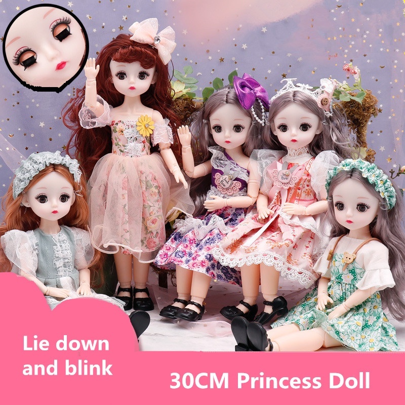 Búp Bê 30cm 23 Khớp Mắt 4D Nhắm Mở Váy Hoa Xinh Xắn