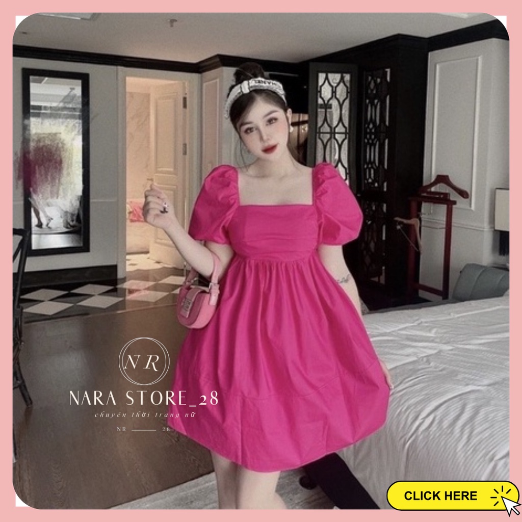 Váy babydoll xanh cốm, đầm babydoll tay phồng cổ vuông dáng xòe nơ lưng tiểu thư sang chảnh