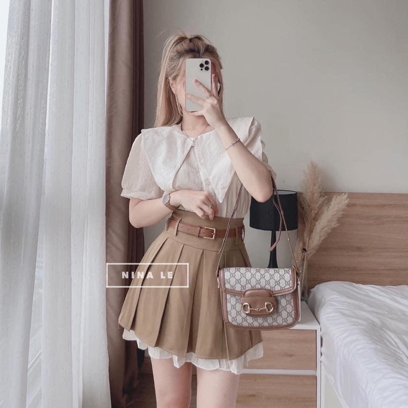 Set Áo Sơ mi Cổ Nhọn Mix Chân Váy Xếp Ly Nâu Kèm Đai