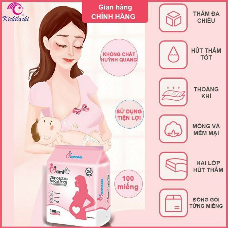 Bịch 100 Miếng Lót Thấm Sữa Mamicare, Tấm Lót Hút Thấm Sữa Chống Tràn Tiện Ích