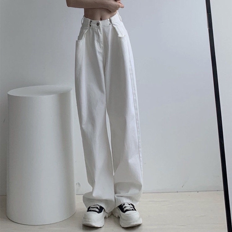Quần Jeans có cài eo không co giãn ống rộng Meisy