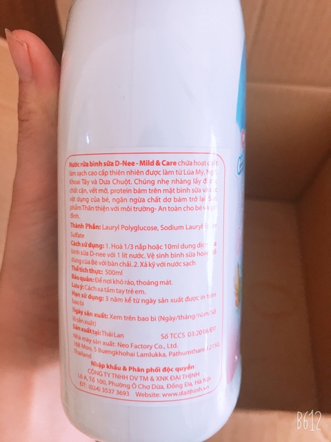 [ Đại Thịnh] Nước rửa bình sữa và rau quả Dnee dạng chai 500ml màu hồng