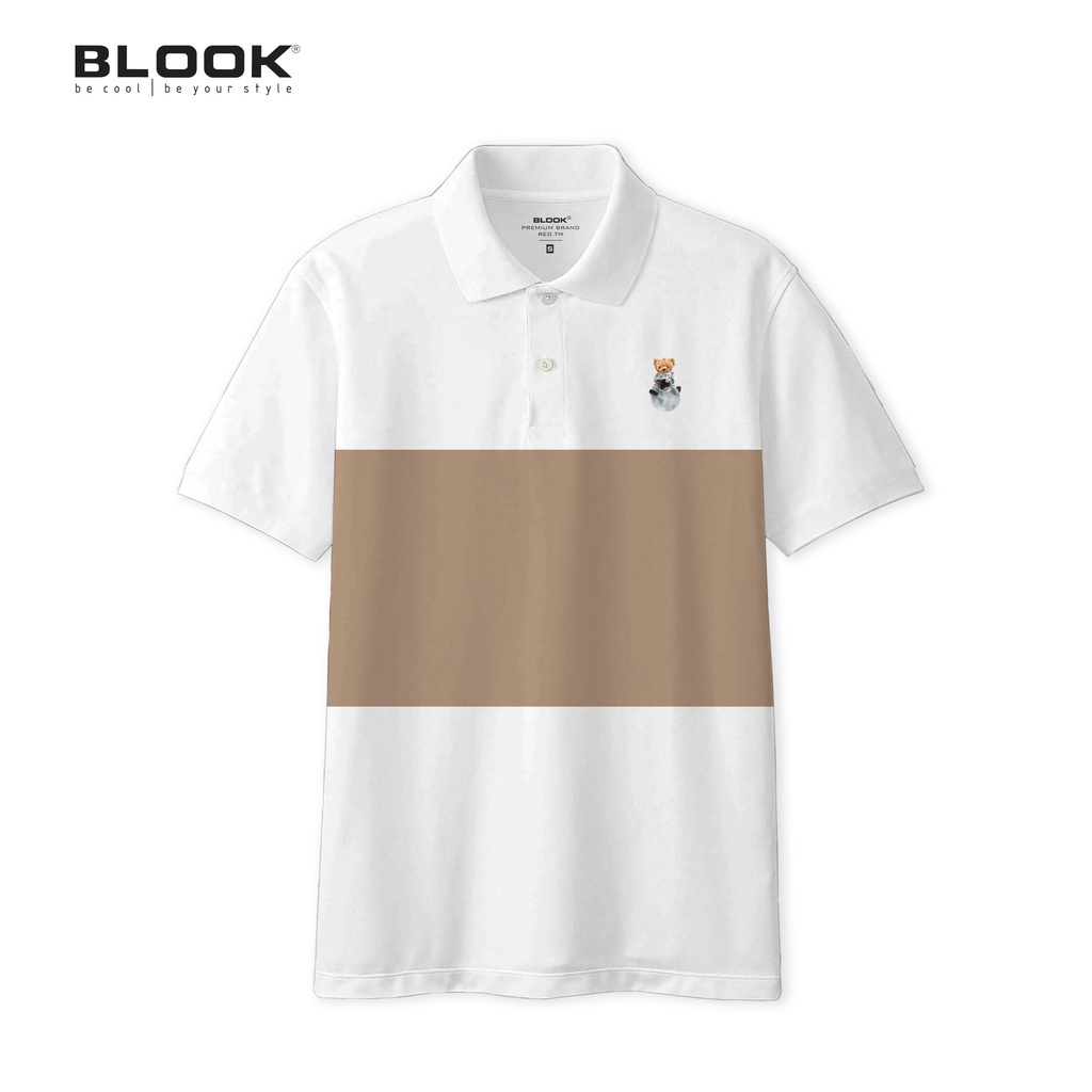 Áo Polo nam BLOOK cổ bẻ hình Gấu phối ngang vải cá sấu Cotton xuất xịn, trẻ trung, cao cấp mã 35621