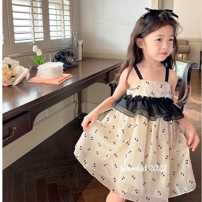 Váy cho bé gái 2 dây voan mềm chấm bi đính nơ trước ngực cao cấp 2 lớp 8-20kg