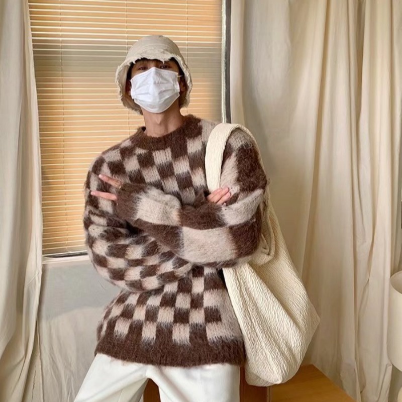 Áo sweater dáng rộng họa tiết kẻ sọc phong cách retro Nhật Bản thời trang thu đông cho nam