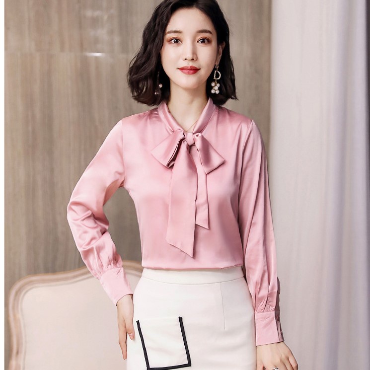 Áo Sơ Mi Kiểu Công Sở Đẹp CHIPY Tay Dài Cổ Thắt Nơ Màu Hồng Chất Lụa Cao Cấp From Rộng Hàn Quốc Ulzzang Vintage A1H | BigBuy360 - bigbuy360.vn