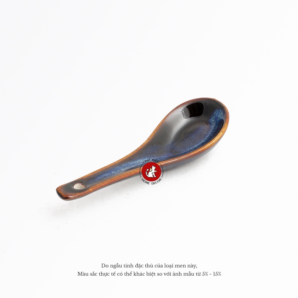 Muỗng thìa sứ ăn cơm, canh, súp men hỏa biến Bát Tràng - màu lam biếc và gấm cao cấp phong cách Bắc Âu