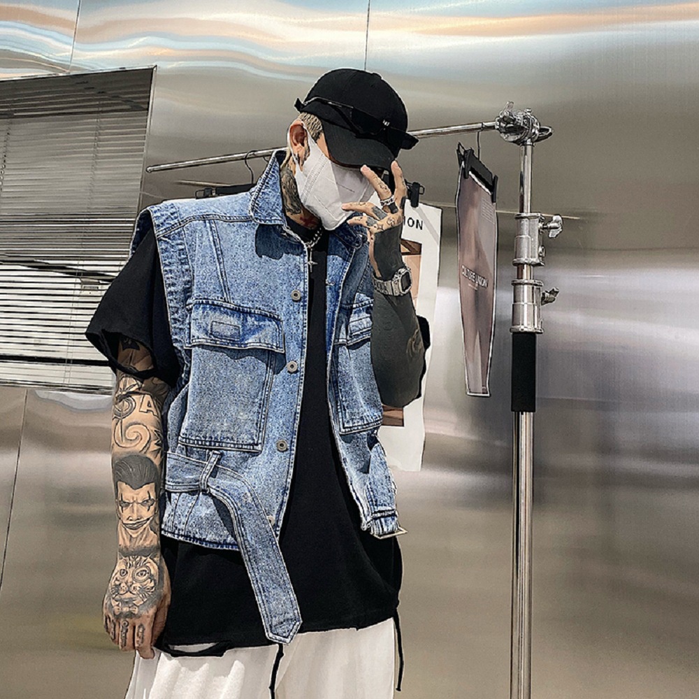 Áo khoác denim không tay phong cách Hồng Kông cho nam
