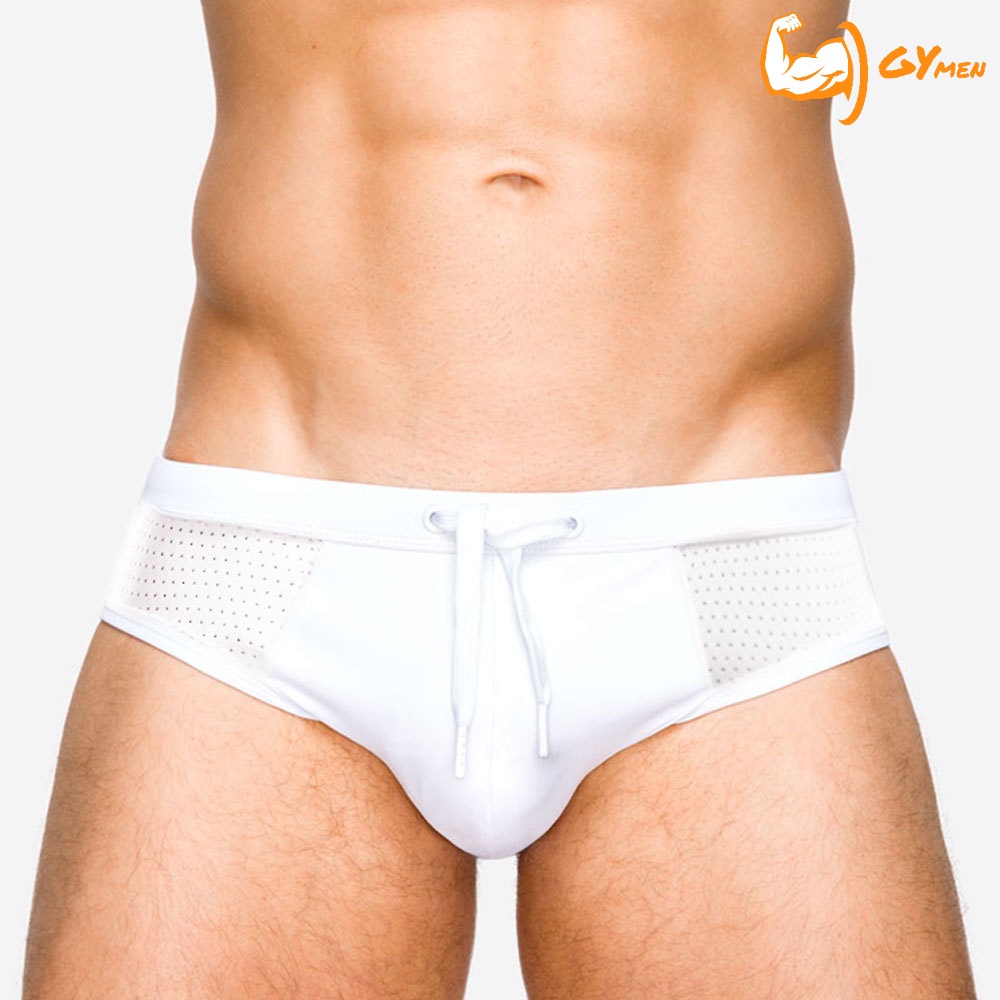 [GYMen]  Quần Bơi Tam sexy áo tắm Giác Bằng Nylon Phối Lưới Xuyên Thấu Phong Cách Âu Mỹ Cho Nam lửng thể thao