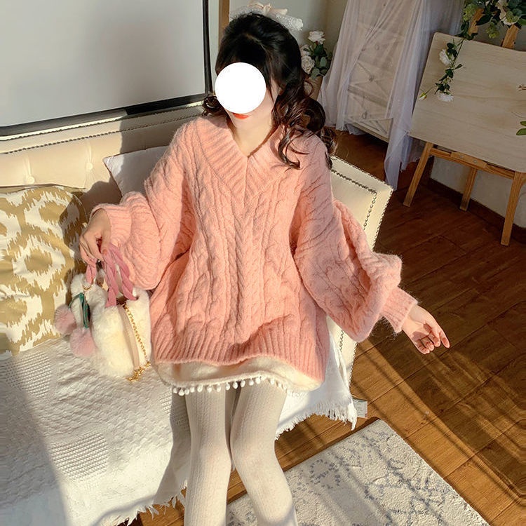 UIOWOO  Áo Sweater Dệt Kim Cổ Chữ v Dáng Rộng Màu Hồng Thời Trang Mùa Đông Cho Nữ