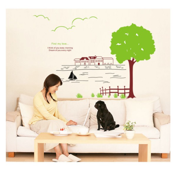 Decal trang trí cây xanh lớn và dòng sông mẫu mới