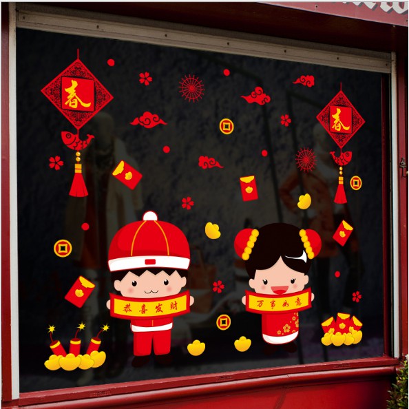 Decal trang trí tết - Bé Trai Gái cầm tờ liễu câu đố chúc Tết