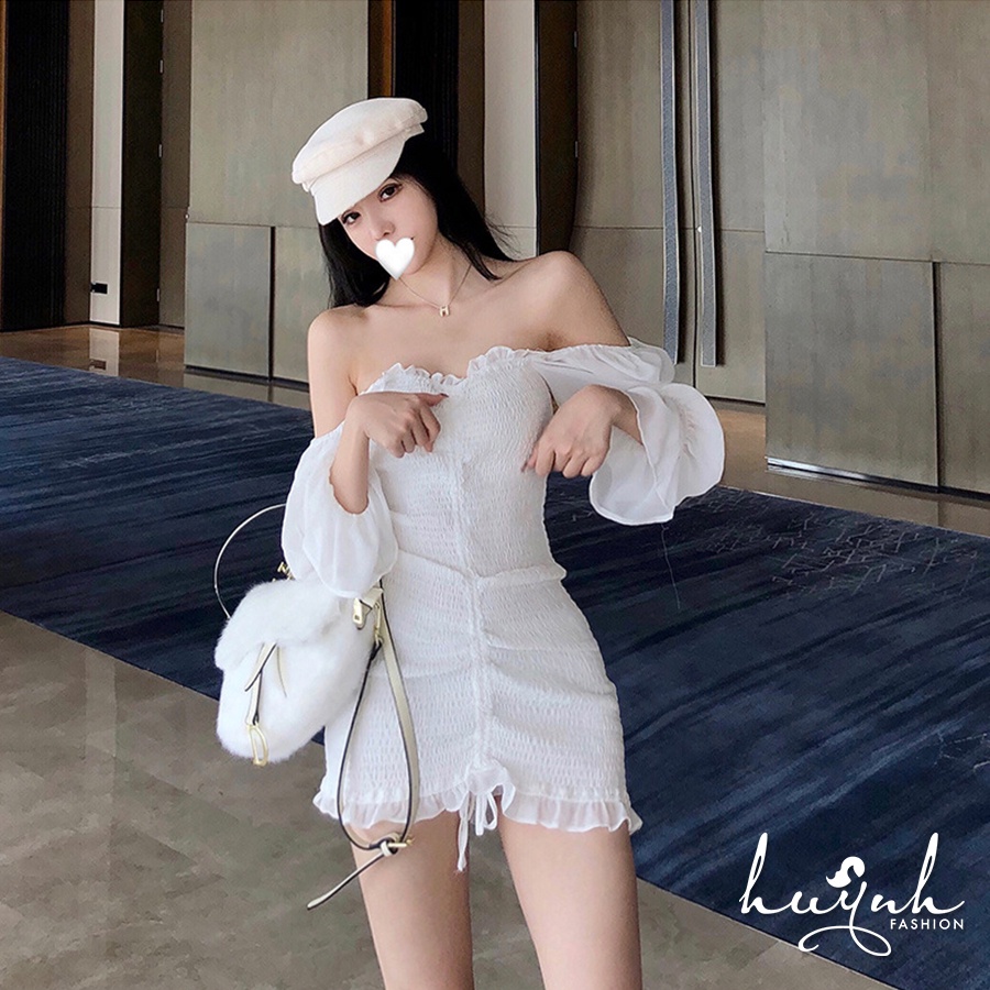 Váy body nhún dài tay, đầm body tay phồng đuôi cá cao cấp có ảnh thật - DNTD01