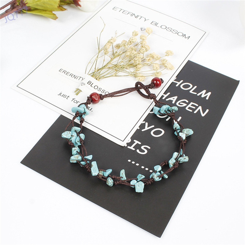 Lắc chân đính hạt ngọc lam nhân tạo phong cách boho cá tính