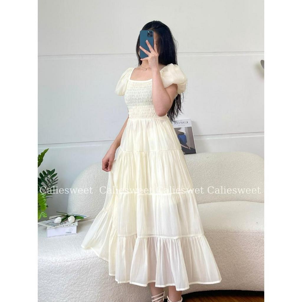 Váy maxi tay bồng Caliesweet váy maxi cổ vuông 2 lớp tôn dáng phong cách điệu đà