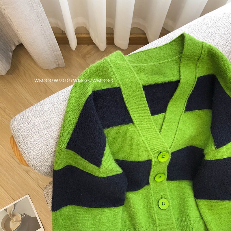 Áo Khoác Cardigan Dệt Kim Tay Dài Dáng Rộng Cổ V Kẻ Sọc Kiểu Retro Thời Trang Mùa Thu Cho Nữ