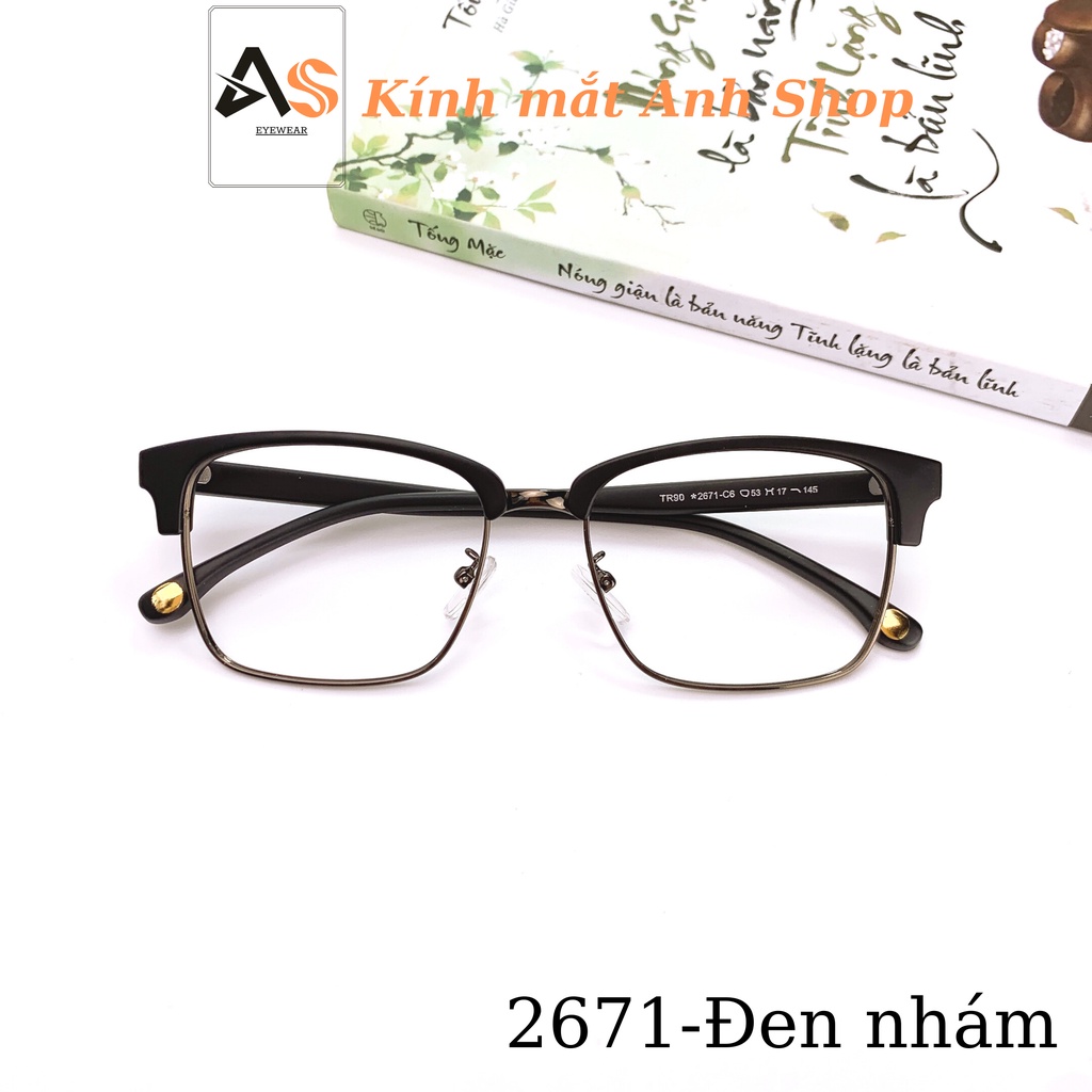 Gọng kính mắt vuông to chất liệu khung kim loại càng kính bằng nhựa dẻo 2671