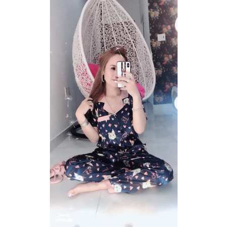 Đồ bộ Lụa satin phối màu tay ngắn quần dài